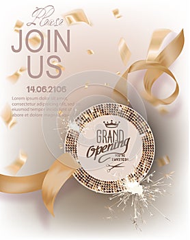 Grand opening gold invitation card with curly ribbons, round frame with pattern and confetti.