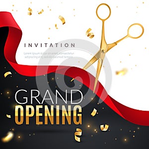 Grand opening. Golden confetti and scissors cutting red silk ribbon, inauguration ceremony banner, opening celebration