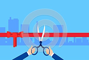 Grand Opening Hand With Scissors Cut Red Ribbon Bow Modern Big City Background