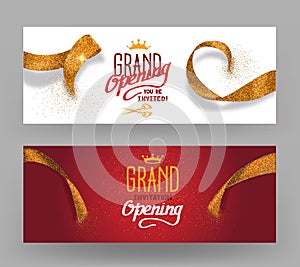 Grand Opening horisontal banners with abstract gold cut ribbons