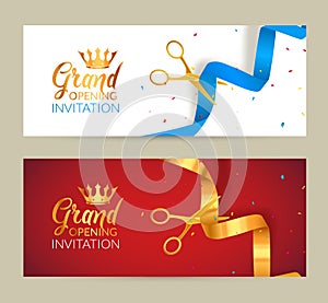 Grand Opening invitation banner. Golden Ribbon and blue ribbon cut ceremony event. Grand opening celebration card