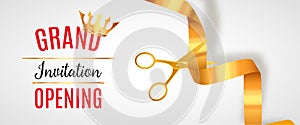 Grand Opening invitation banner. Golden Ribbon cut ceremony event. Grand opening celebration card