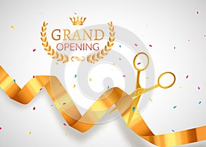 Grand Opening invitation banner. Golden Ribbon cut ceremony event. Grand opening celebration card poster