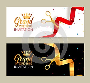 Grand Opening invitation banner. Golden Ribbon and red ribbon cut ceremony event. Grand opening celebration card