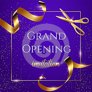 Grand opening invitation blue square vector banner. Shiny scissors cutting golden ribbon