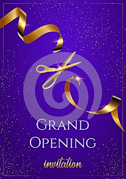 Grand opening invitation blue vertical vector banner. Shiny scissors cutting golden ribbon