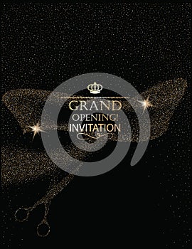 Grand opening invitation card with abstract scissors and ribbon