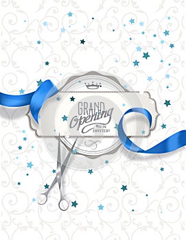 Grand opening invitation card with blue silk ribbon and scissors