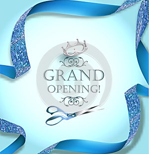 Grand opening invitation card with scissors and blue curly ribbon.