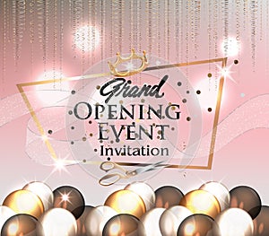 Grand opening invitation card with transparent curly ribbon, air balloons and gold serpentine.