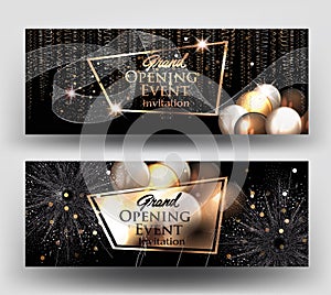 Grand opening invitation cards with air balloons and gold serpentine and fireworks.