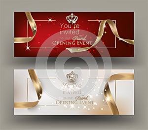 Grand opening invitation cards with gold frame and ribbons. photo