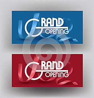 Grand opening invitation cards with realistic atlas ribbon and lettering.