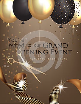 Grand opening invitation with curly ribbon, scissors and gold and black air balloons.