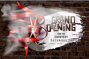 Grand opening invitation with curly ribbon, scissors , whihe smoke and brick wall on the background.