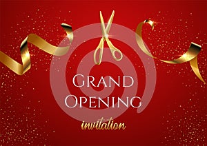 Grand opening invitation red vector banner. Shiny scissors cutting golden ribbon