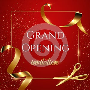 Grand opening invitation red vector banner. Shiny scissors cutting golden ribbon