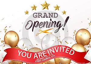 Grand opening invitations card design with gold ribbon, confetti and balloons