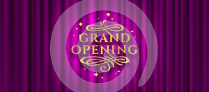 Grand opening logo. Glitter gold logo with flourishes ornamental elements on a purple curtain background.