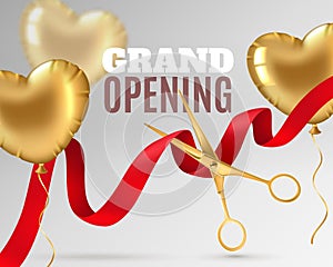 Grand opening. Luxury festive invitation, scissors cut red silk ribbon, ceremony opening banner design or promotion flyer vector