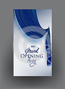 Grand opening Party banner with blue elegant curtain with fringe.