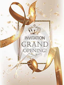 Grand Opening party banner with elegand beautiful ribbons and confetti.