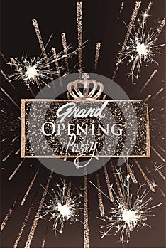 Grand opening party banner with sparkling frame and fireworks