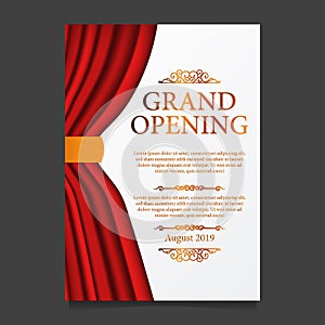 Grand opening party ceremony with illustration of red curtain silk with white background