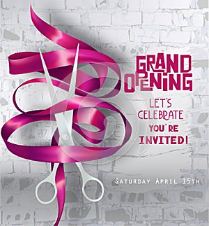 Grand opening Party invitation with curly ribbon, scissors and brick wall on the background.