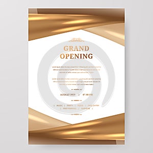 Grand opening party poster invitation. Elegant luxury with golden swirl satin silk shiny glossy texture
