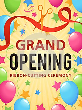 Grand opening. Presentation event, invitation card, opening store ceremony advertising flyer, promo poster or