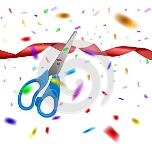 Grand Opening, Realistic illustrations Of Scissors Cut the Red Ribbon