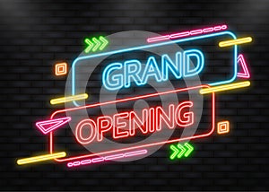 Grand opening red banner in neon style on dark background. Vector illustration.