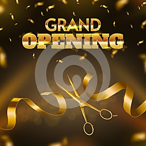 Grand opening ribbon cutting ceremony. Golden scissors cut ribbon, launching of new business luxury celebration event