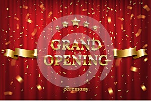 Grand opening on stage in spotlight with red curtain background. Ceremony starting, celebration event, announcement