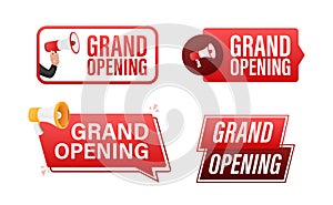 Grand Opening text with Megaphone label set. Megaphone in hand promotion banner. Marketing and advertising