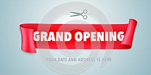 Grand opening vector banner, poster, illustration. Eye catching design element with red ribbon