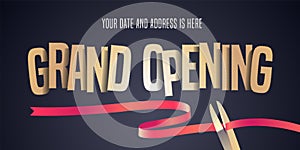 Grand opening vector illustration, background with cut out golden sign and scissors cutting red ribbon