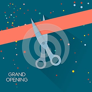 Grand opening vertical banner. Text with firework and ribbons. Flat style. Vector Illustration. Eps 8