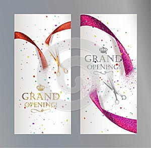 Grand Opening vertical banners with abstract red and pink ribbon and scissors