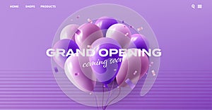 Grand Opening web banner with Balloons and confetti in purple and violet colors