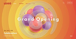 Grand opening web banner with bunch of round transparent air balloons on warm sunny background with circles spreading