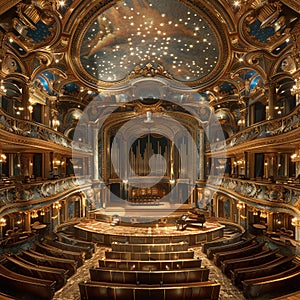 Grand opera house with opulent details and a majestic stage