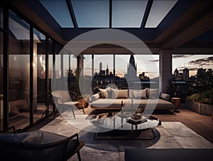 A grand and opulent rooftop terrace with stunning skyline views created with Generative AI