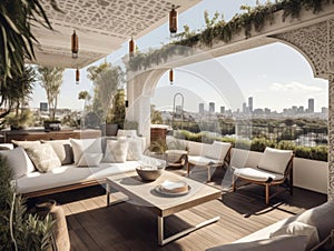 A grand and opulent rooftop terrace with stunning skyline views created with Generative AI