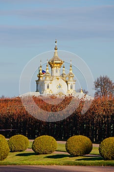 Grand Palace Church. The Summer Palace in autumn. Peterhof. Russia