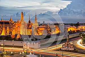 Grand palace at twilight with light from traffic in Bangkok, Thailand
