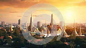 Grand palace and Wat phra keaw at sunset Bangkok, Thailand. Beautiful Landmark. Temple of the Emerald Buddha. Generate Ai