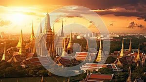 Grand palace and Wat phra keaw at sunset Bangkok, Thailand. Beautiful Landmark. Temple of the Emerald Buddha. Generate Ai