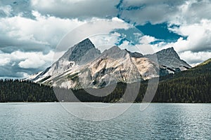 Grand Panorama of Surrounding Peaks at Maligne Lake, Jasper National Park.